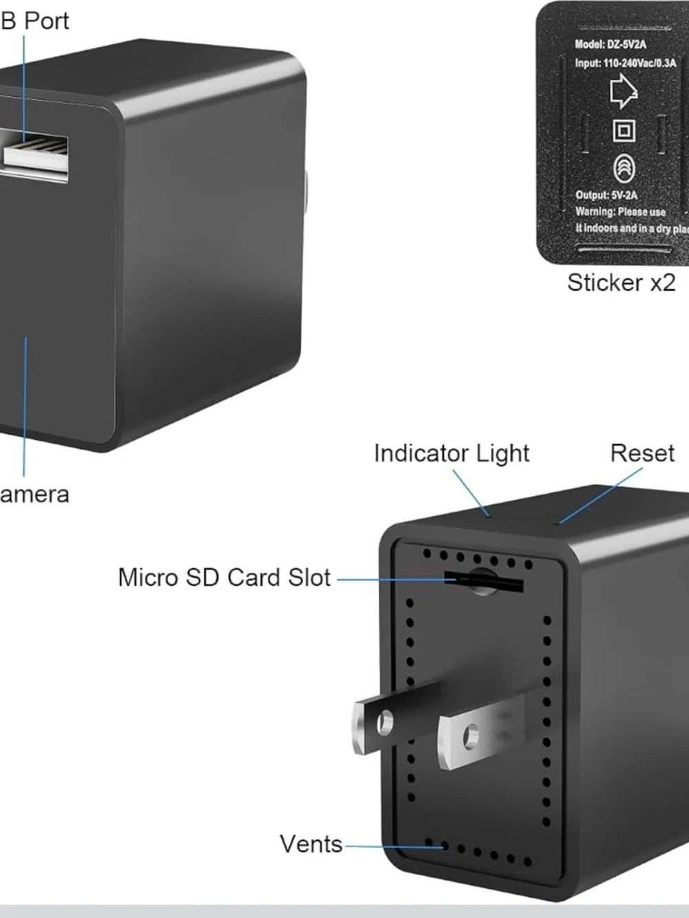 Black USB Wall Charger with Hidden Camera - Portable Surveillance Adapter